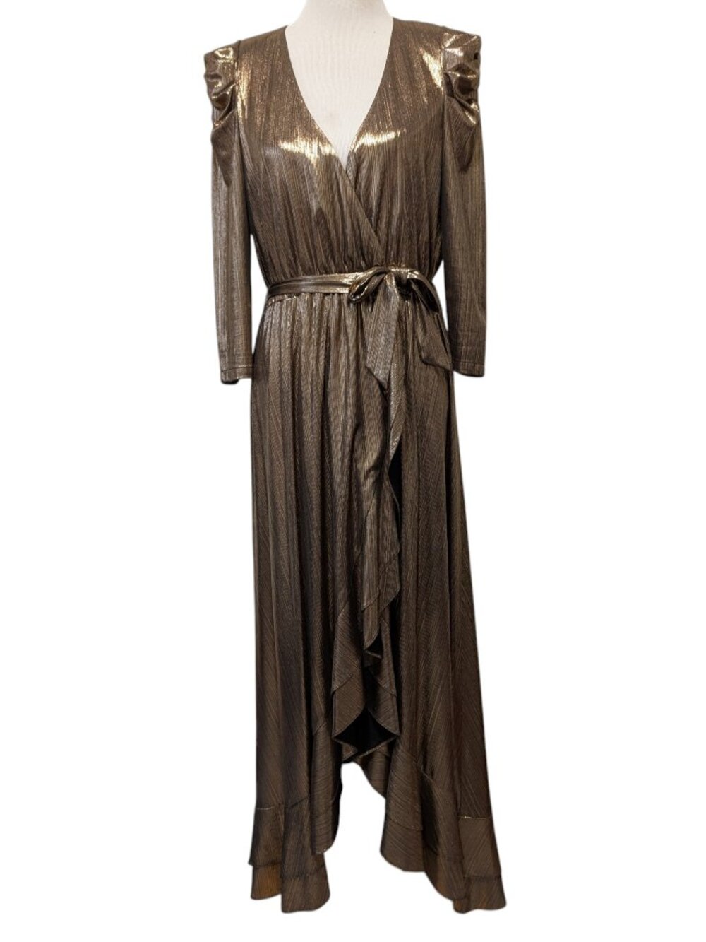 Retrofete Size L Flora Metallic Bronze Lame Puff Sleeve Hi-Lo Ruffle Wrap Dress